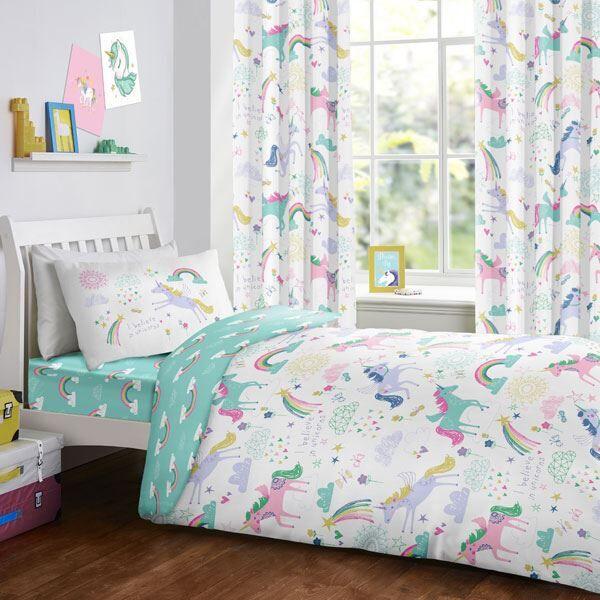 Bedlam Kids Rainbow Unicorn Lined Pencil Pleat Curtains, Multi, 66 x 72 Inch