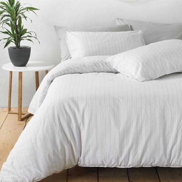 Linen House Linear Pinstripe 100% Cotton Duvet Cover Set, White/Grey