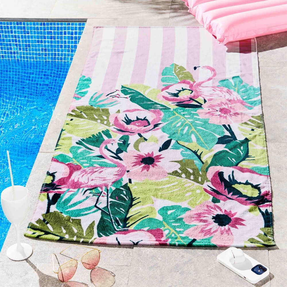 Sassy B Tropical Flamingo Stripe 100% Cotton Beach Towel, Pink