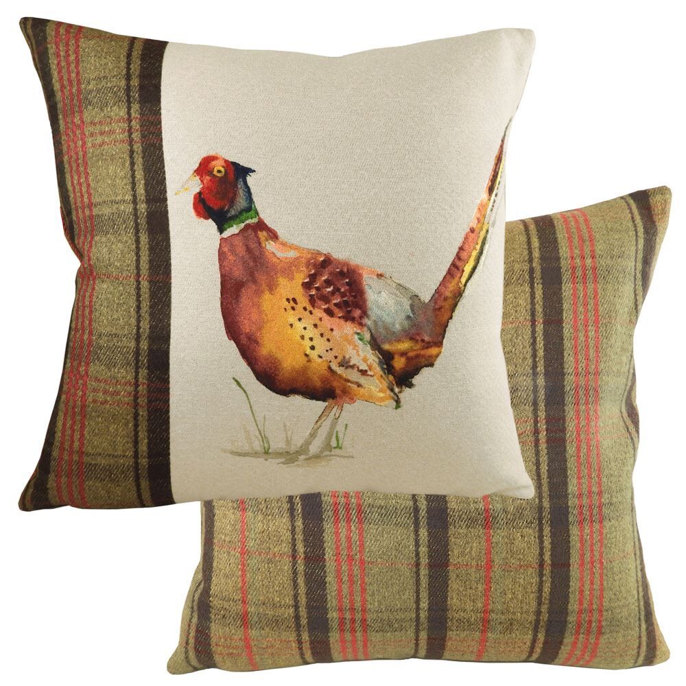 Evans Lichfield Hunter Pheasant Print Tartan Cushion Cover, Multi, 43 x 43 Cm