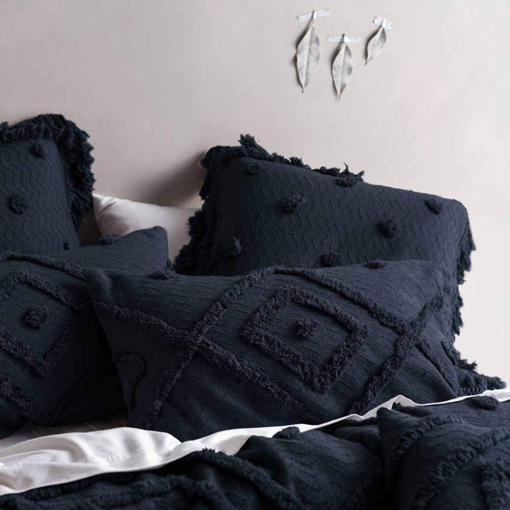 Linen House Adalyn Geometric Tufted Jacquard 100% Cotton Housewife Pillow Cases, Indigo, Pair