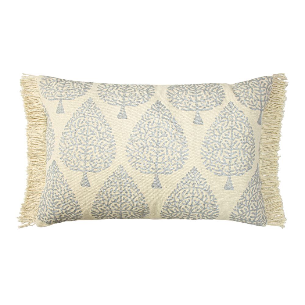 Paoletti Tulsa Printed Cotton Rich Fringed Cushion Cover, Silver/Natural, 40 x 60 Cm