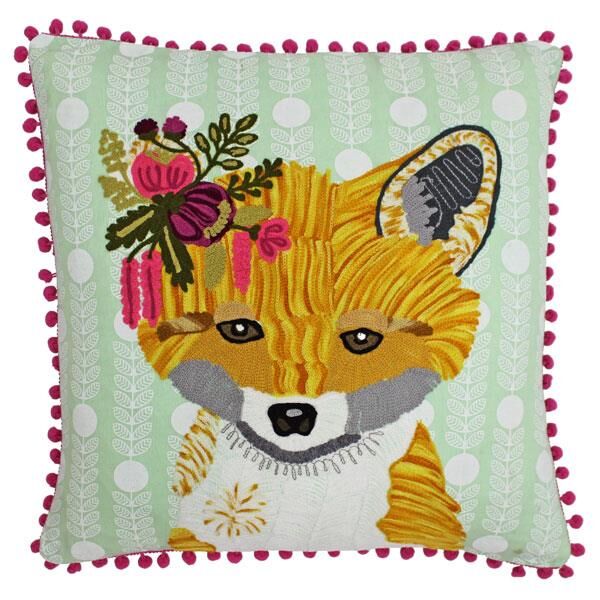 Riva Paoletti Funky Fox Pom Pom Embroidered Cushion Cover, Multi, 45 x 45 Cm