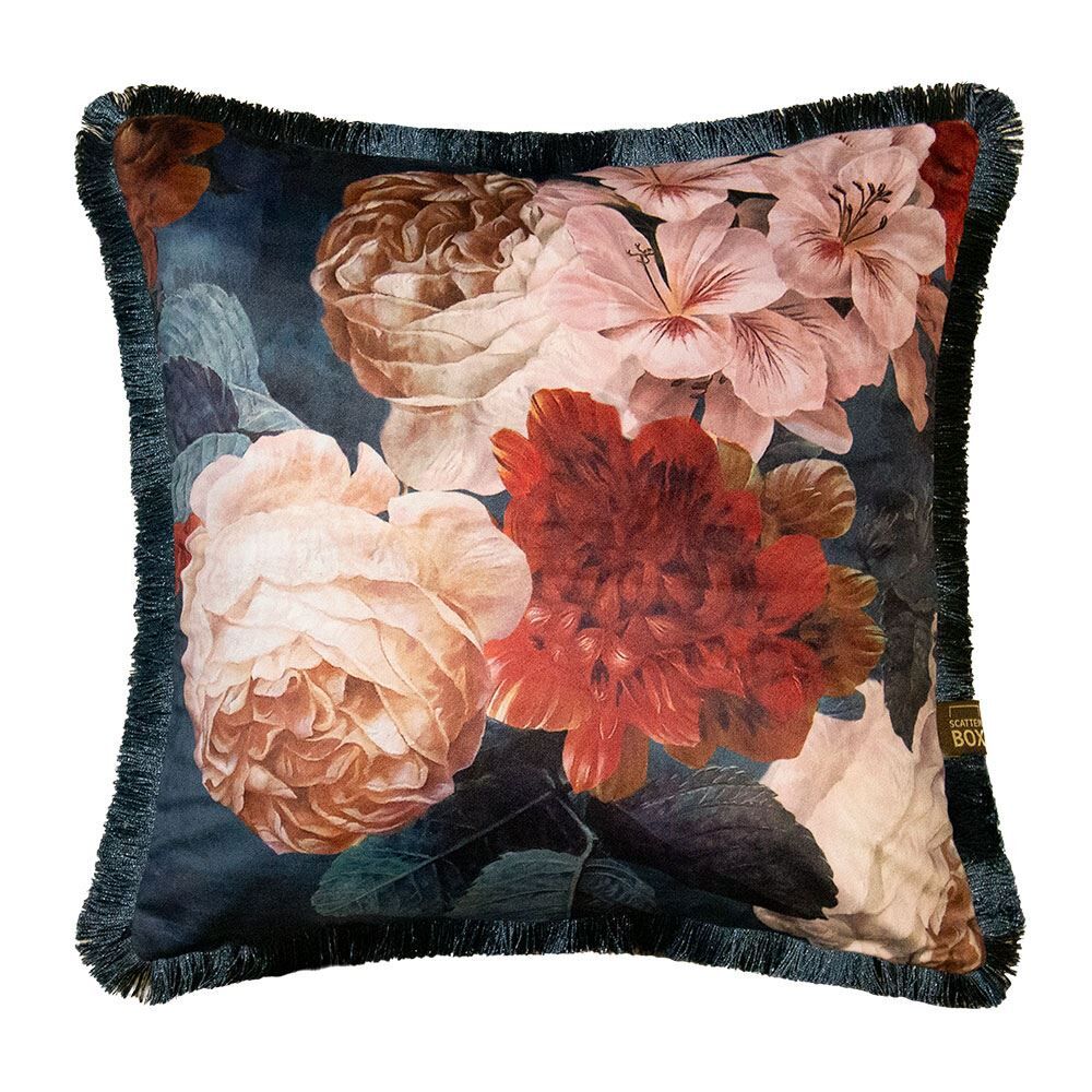 Scatter Box Rene Floral Digital Print Fringed Feather Filled Cushion, Teal, 43 x 43 Cm