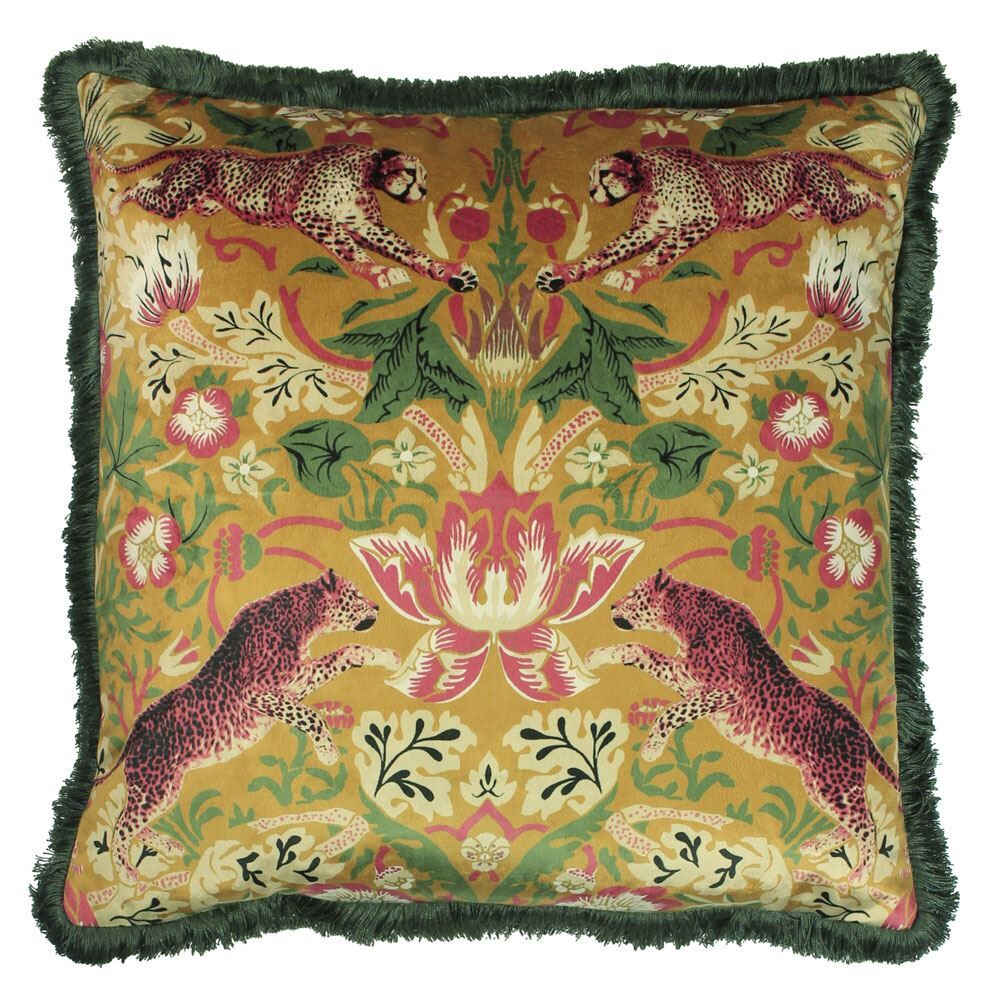 Paoletti Bexley Jungle Print Fringed Cushion Cover, Mustard, 50 x 50 Cm