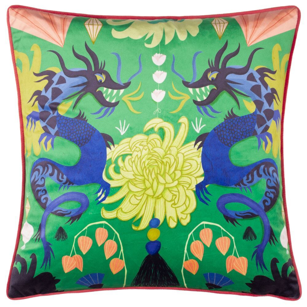 Kate Merritt Dragons Print Piped Edge Cushion Cover, Multi, 50 x 50 Cm