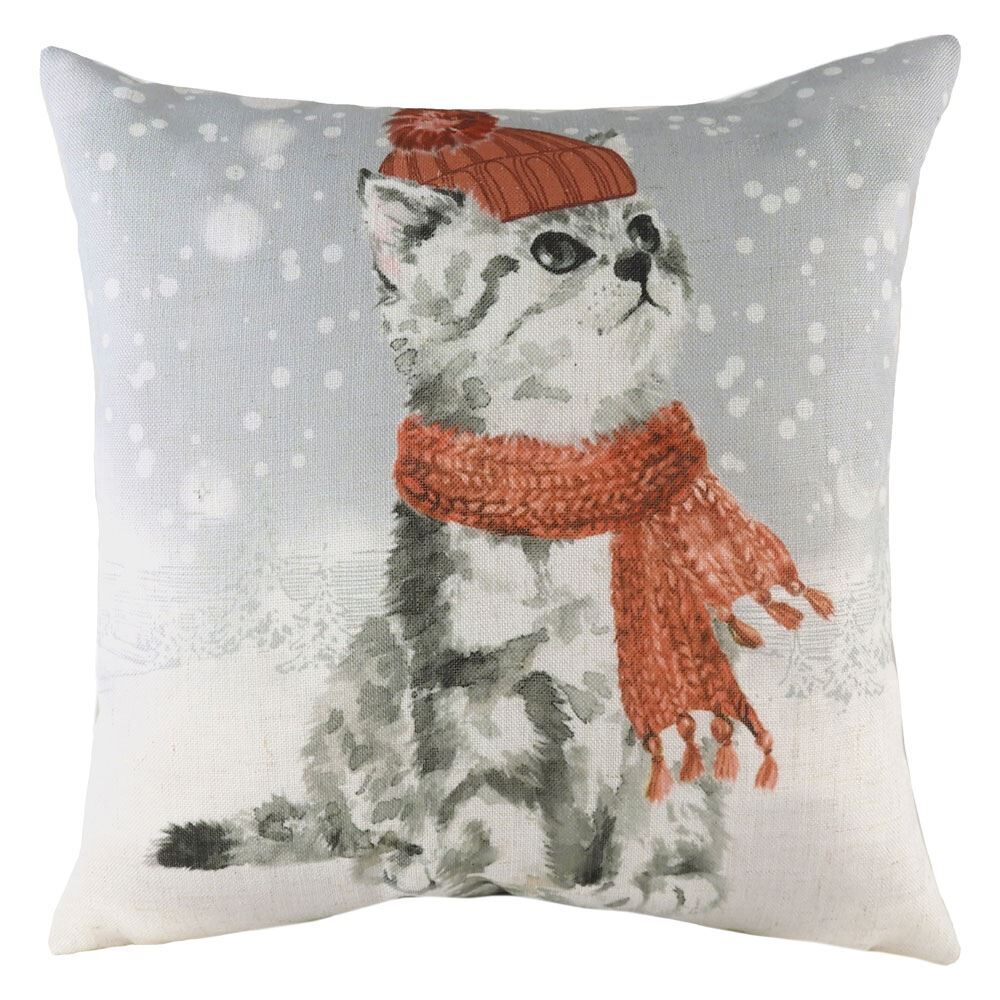 Evans Lichfield Christmas Snowy Cat with Scarf Watercolour Print Cushion Cover, Multi, 43 x 43 Cm