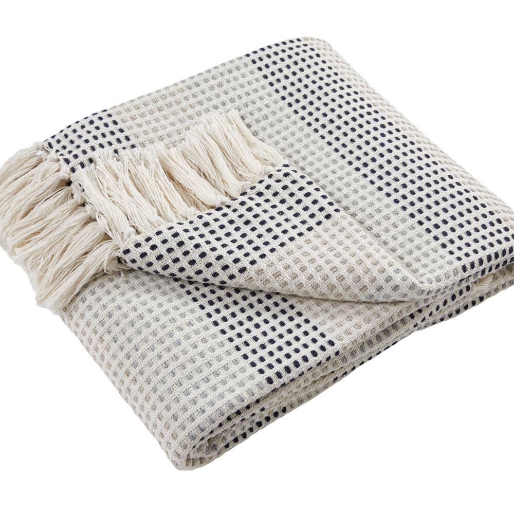 Appletree Loft Reva Woven 100% Recycled Cotton Rich Fringed Throw, Navy, 130 x 180 Cm