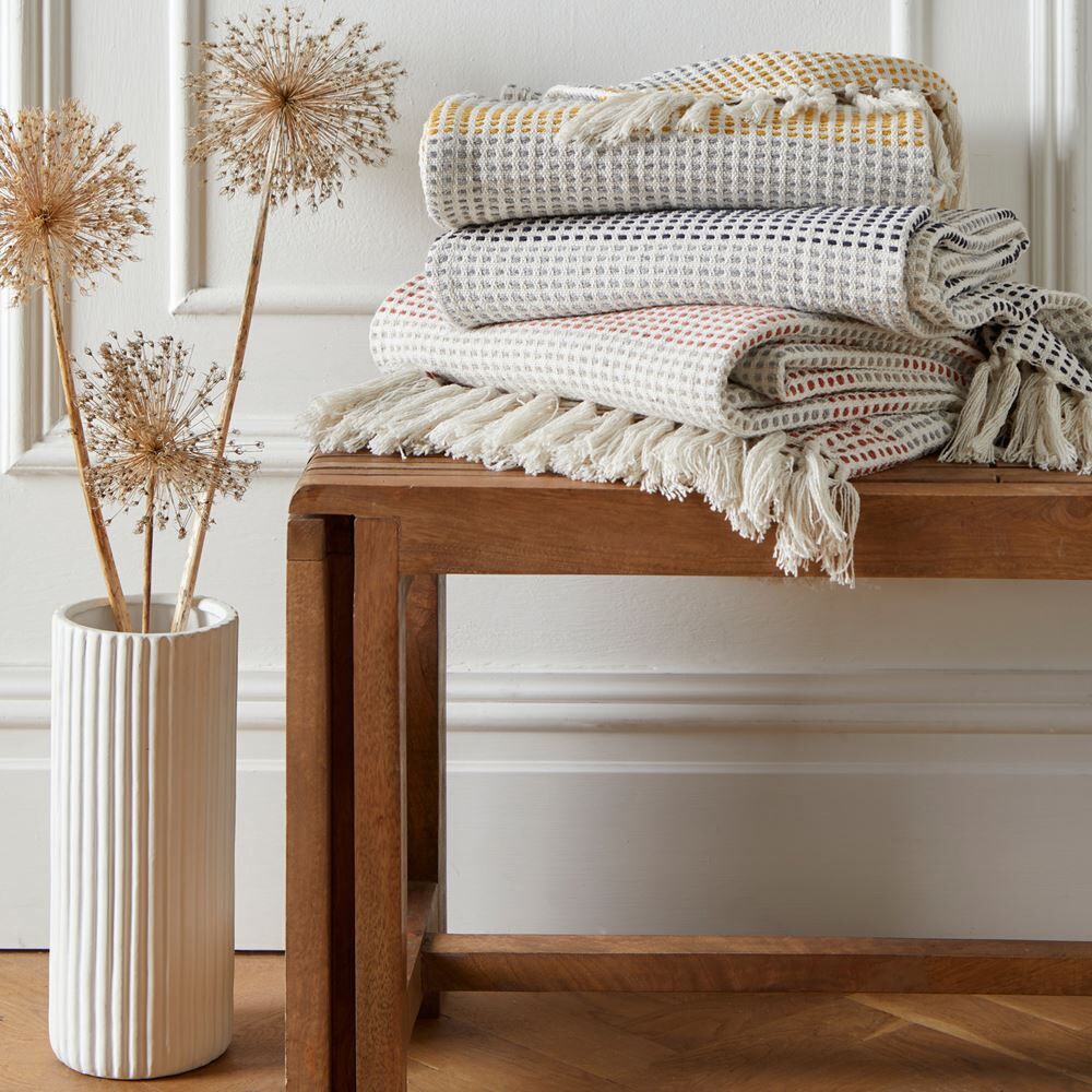 Appletree Loft Reva Woven 100% Recycled Cotton Rich Fringed Throw, Navy, 130 x 180 Cm