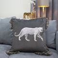 Paoletti Roscoe Leopard Foil Print Faux Velvet Tasselled Cushion Cover, Grey, 45 x 45 Cm
