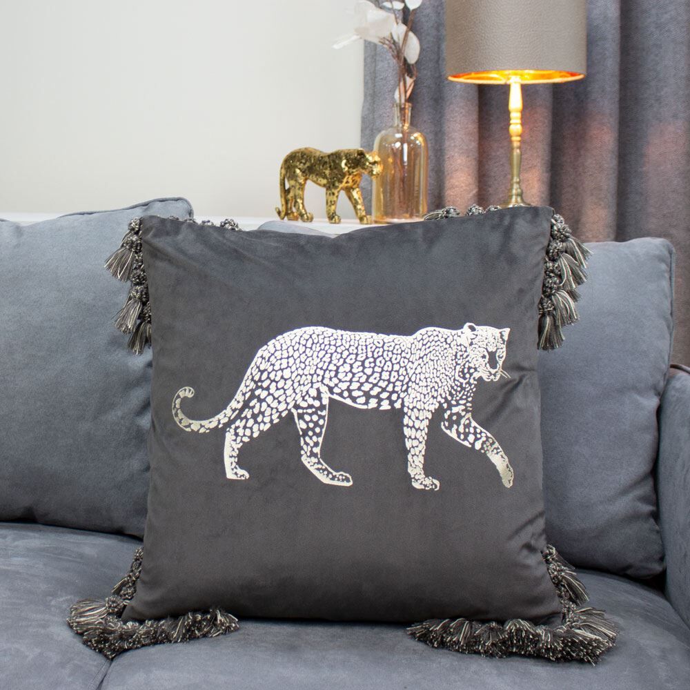 Paoletti Roscoe Leopard Foil Print Faux Velvet Tasselled Cushion Cover, Grey, 45 x 45 Cm