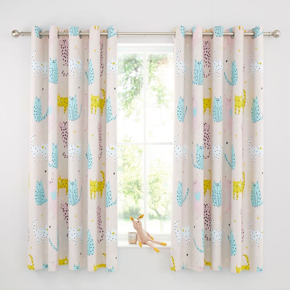 Catherine Lansfield Kids Cute Cats Reversible Eyelet Curtains, Pink, 66 x 72 Inch