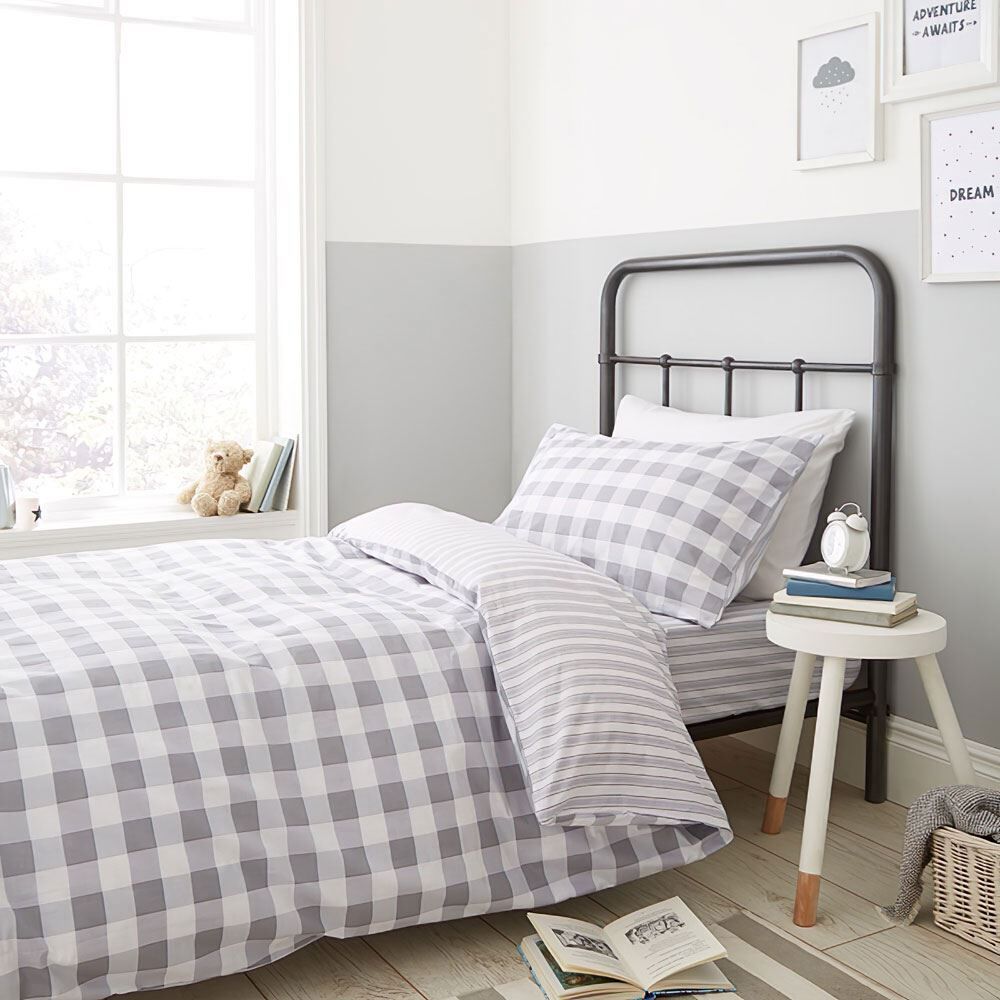 Bianca Kids Check And Stripe Reversible 100% Cotton Duvet Cover Set