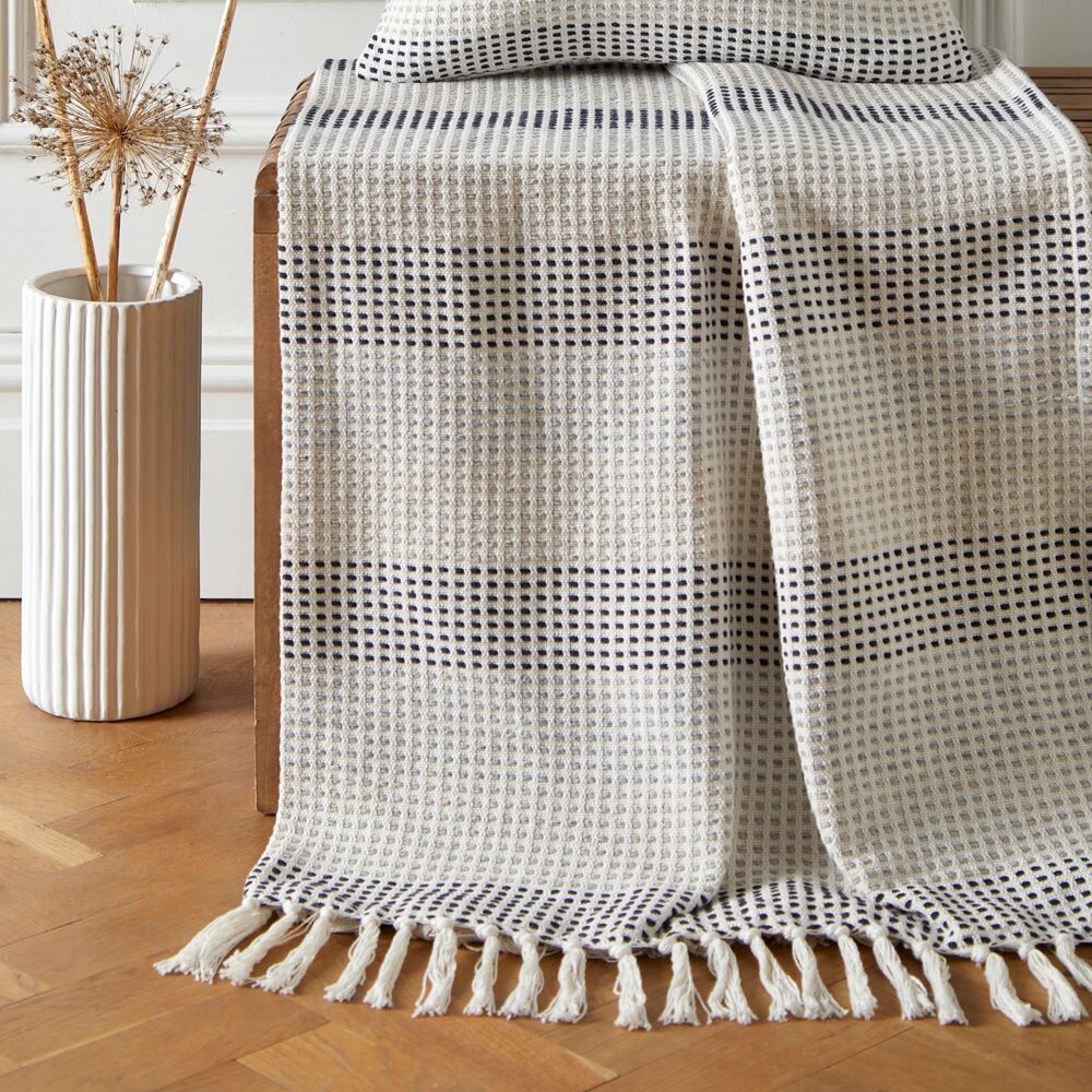 Appletree Loft Reva Woven 100% Recycled Cotton Rich Fringed Throw, Navy, 130 x 180 Cm