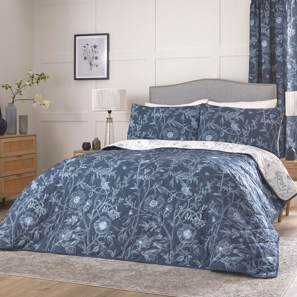 Dreams & Drapes Lorie Floral Print Quilted Bedspread, Blue, 200 x 230 Cm
