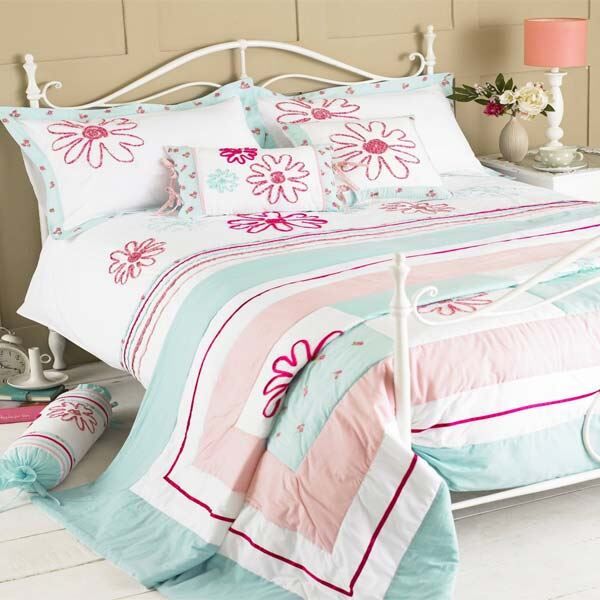 Paoletti Harriet Floral Embroidery Bedspread, Duck Egg Blue/Pink, 240 x 260 Cm