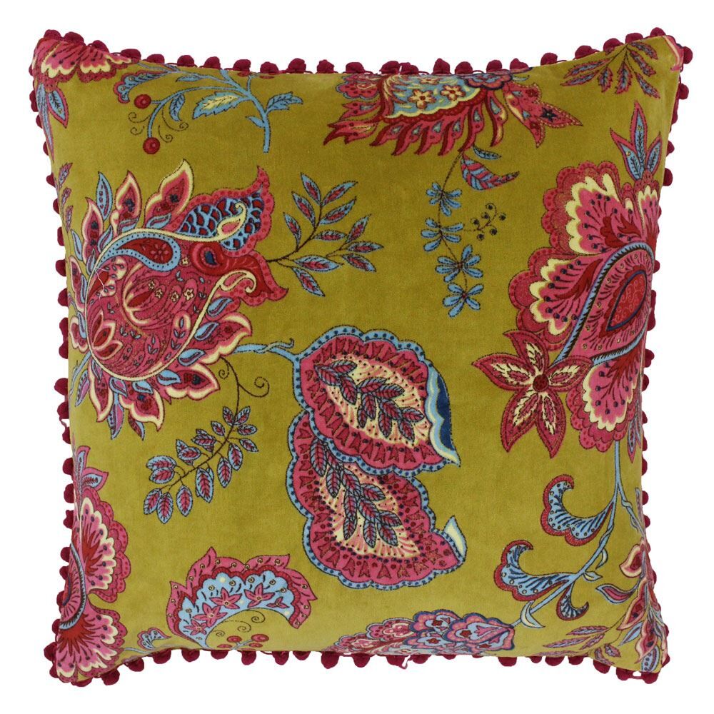Riva Paoletti Malisa Square Paisley Indian Print Faux Velvet Pom Pom Fringed Cushion Cover