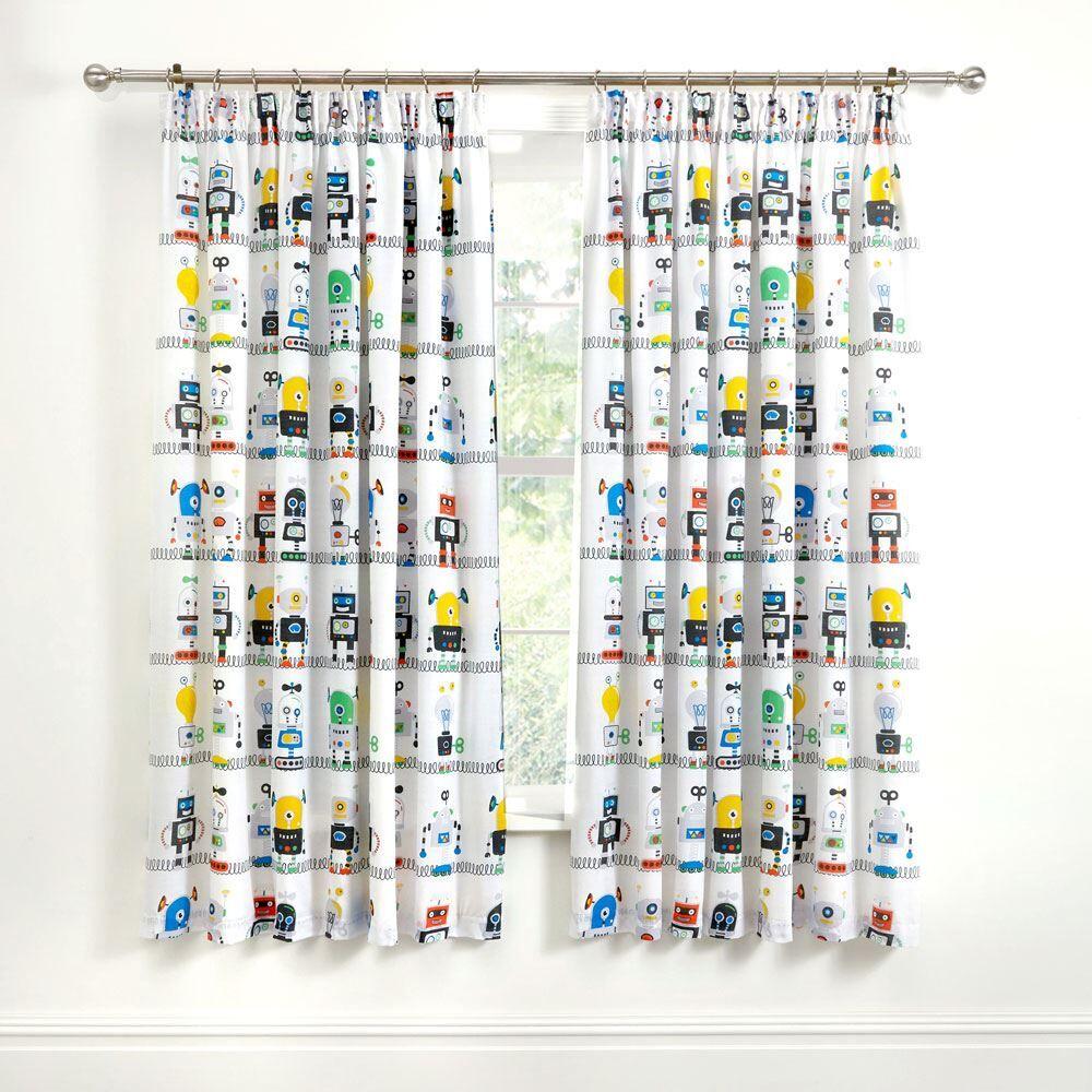Bedlam Kids Robots Print Lined Pencil Pleat Curtains, Blue, 66 x 72 Inch