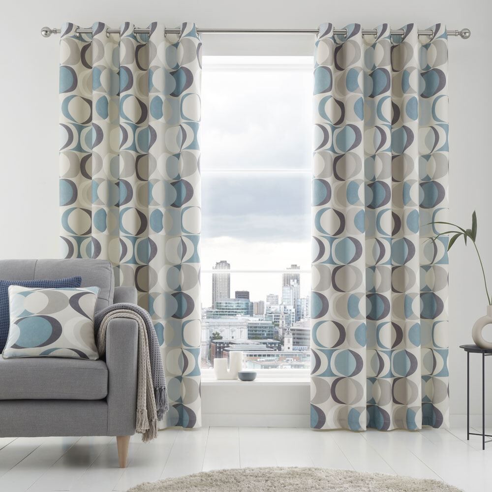 Fusion Sander Geometric Print 100% Cotton Eyelet Lined Curtains