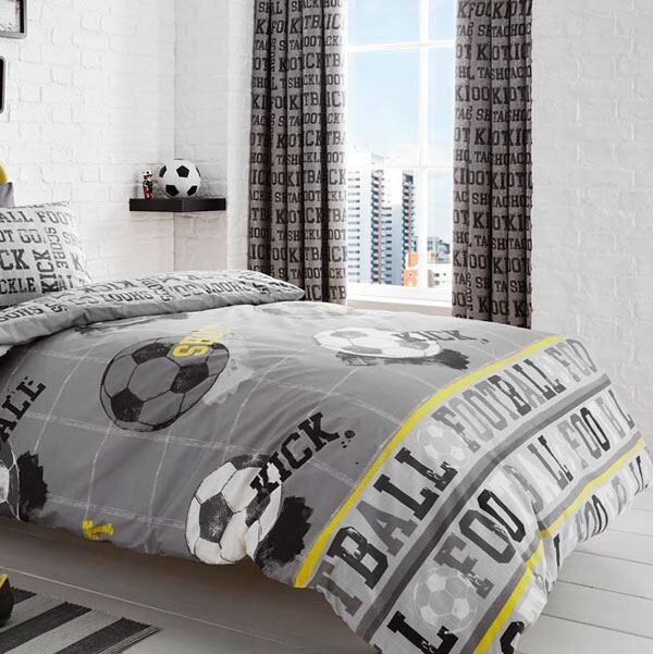 Bedlam Football Print Pencil Pleat Lined Curtains, Grey, 66 x 72 Inch