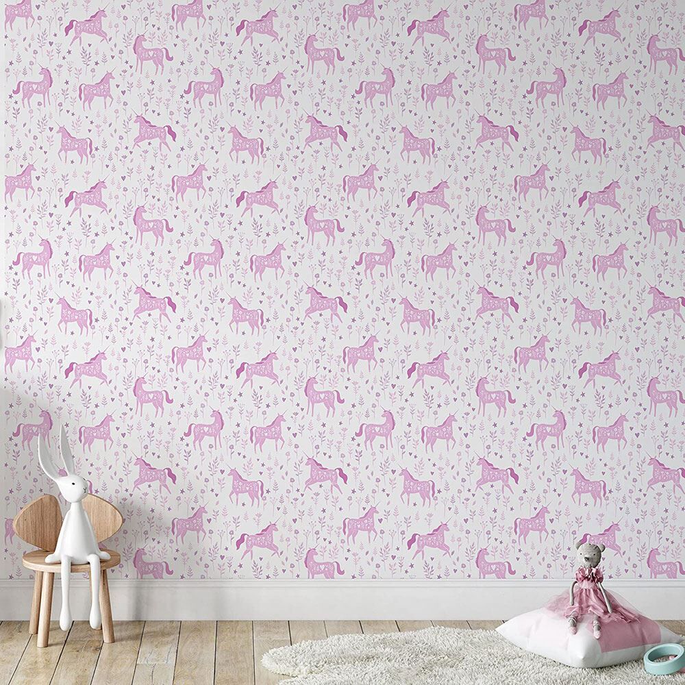 Catherine Lansfield Folk Unicorn Wallpaper, Pink