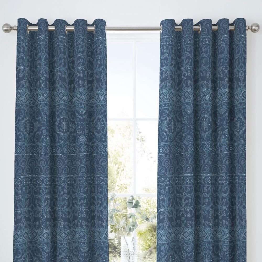 Dreams & Drapes Rohini Print Easy Care Lined Eyelet Curtains, Blue, 66 x 72 Inch
