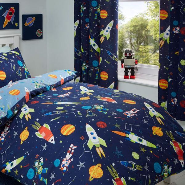 Bedlam Supersonic Glow in the Dark Print Pencil Pleat Lined Curtains, Blue, 66 x 72 Inch