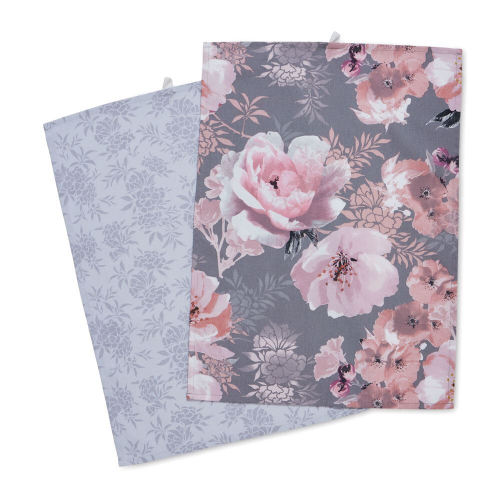 Catherine Lansfield Dramatic Floral 100% Cotton Tea Towel, Grey, 2 Pack