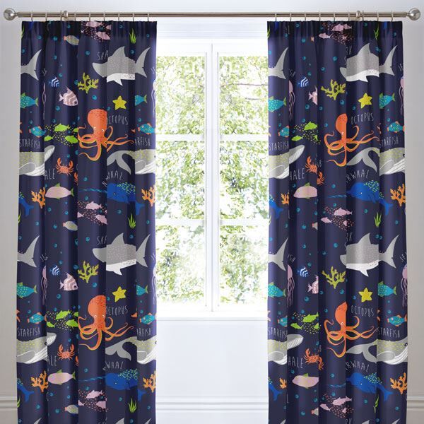Bedlam Kids Sea Life Glow In The Dark Lined Pencil Pleat Curtains, Multi, 66 x 72 Inch
