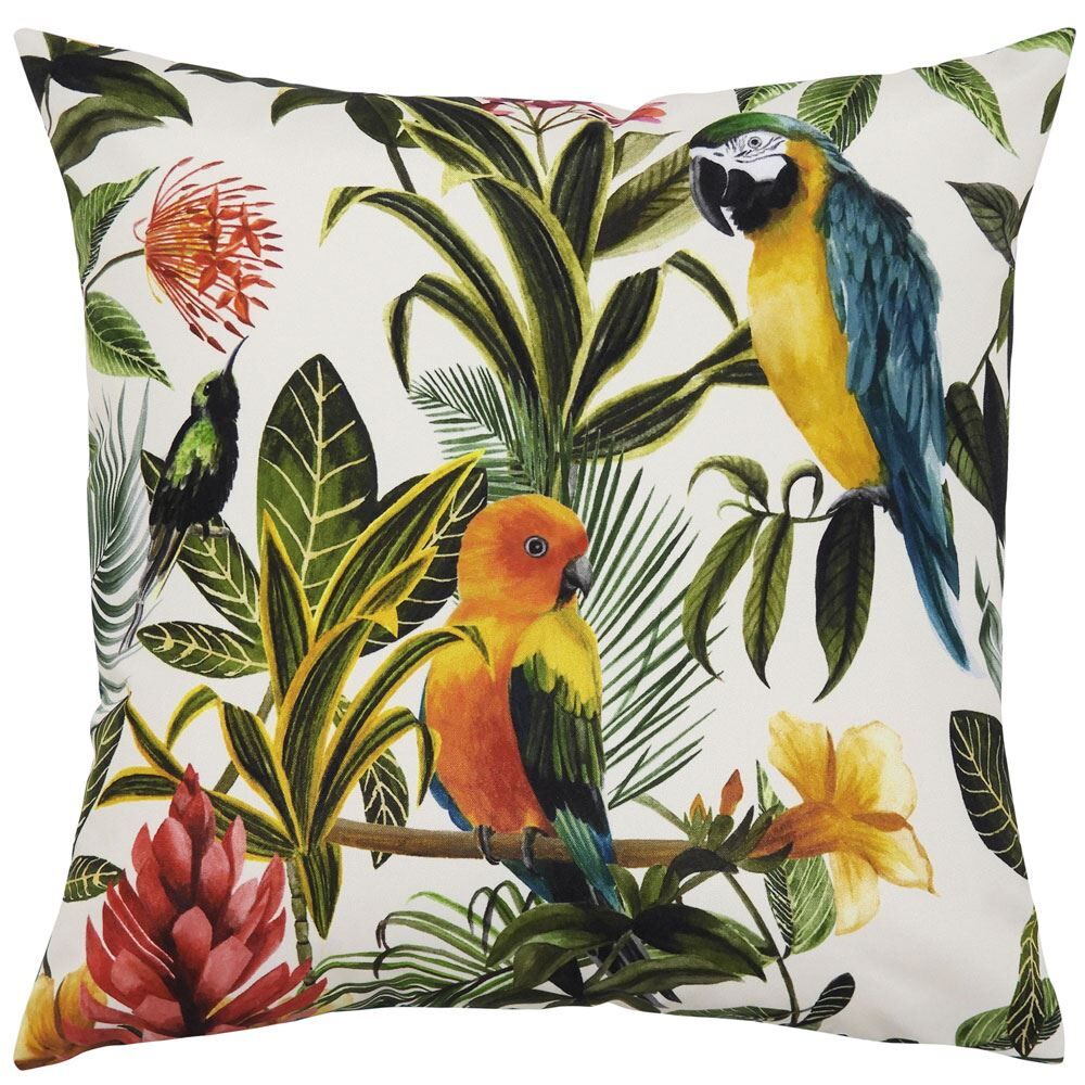 Evans Lichfield Parrots Botanical Outdoor Cushion Cover, Multi/Teal, 43 x 43 Cm