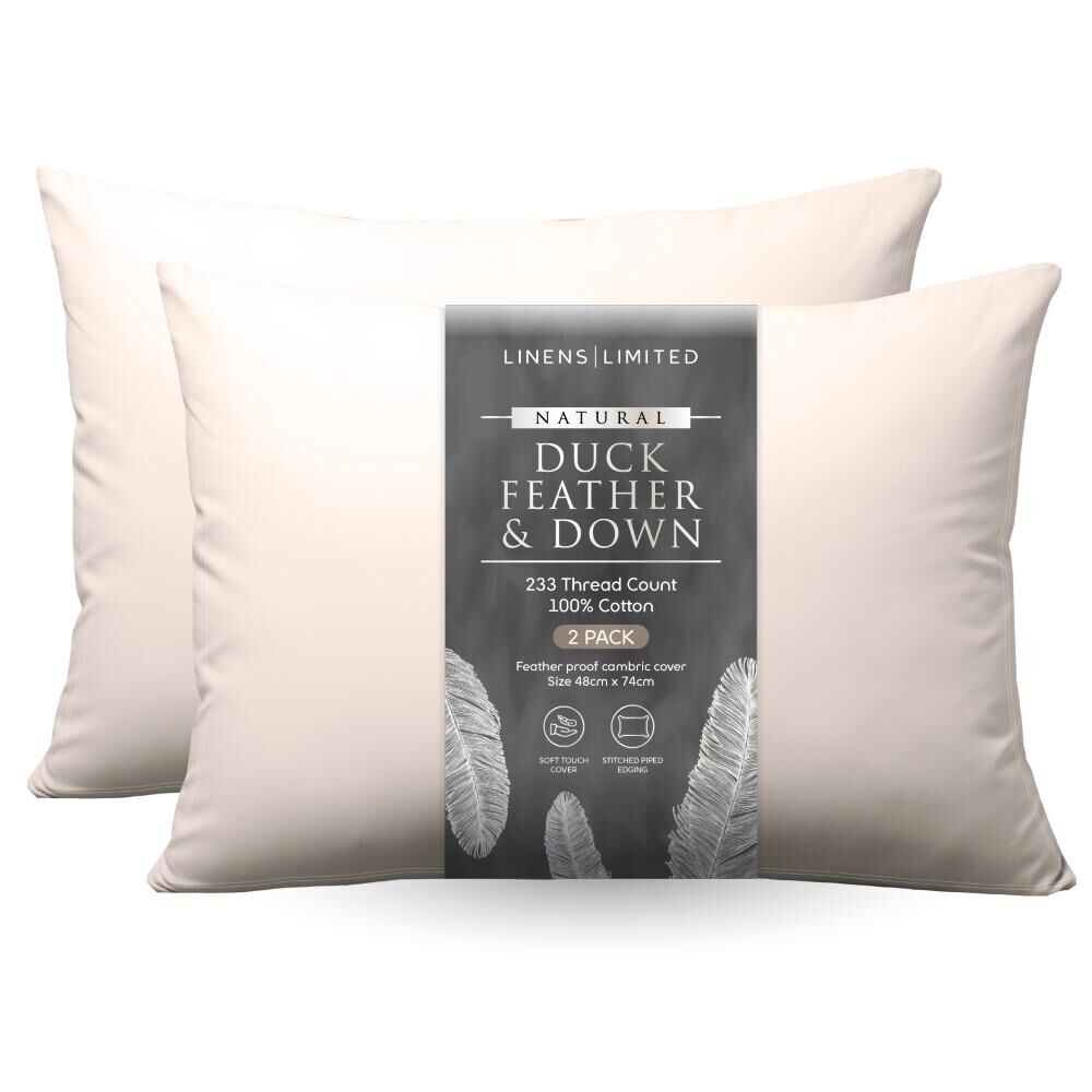 Linens Limited Hotel Quality Luxurious Natural Duck Feather Pillows, 2 Pack