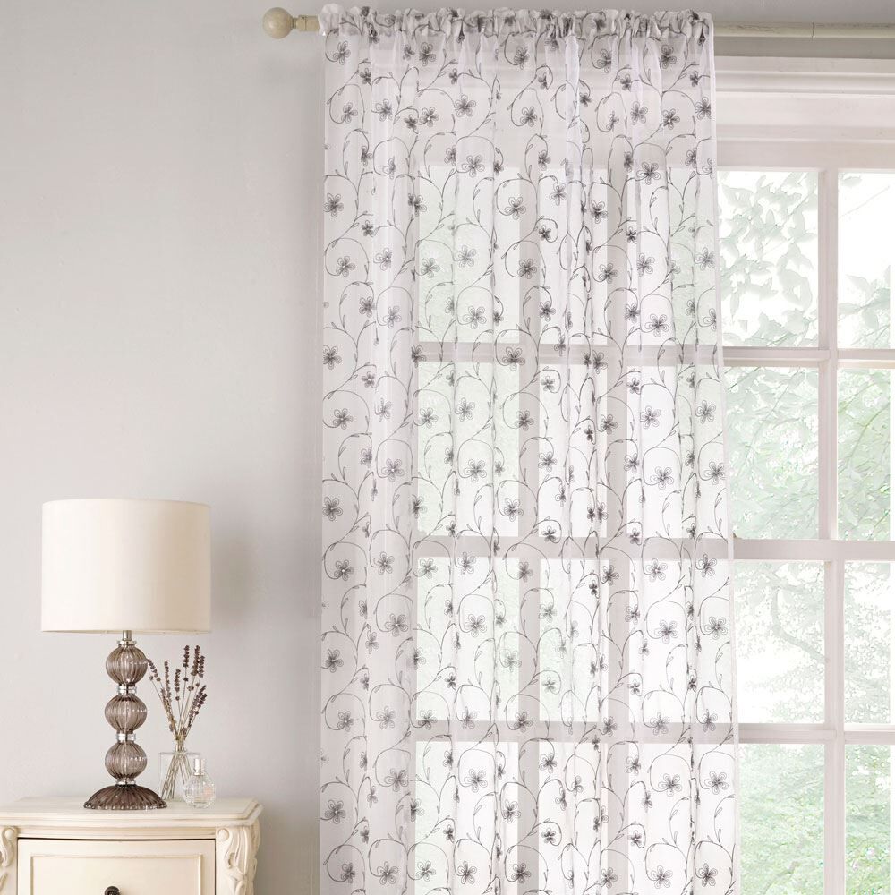 Tyrone Belle Embroidered Floral Voile Slot Top Curtain Panel, Grey, 55 x 54 Inch