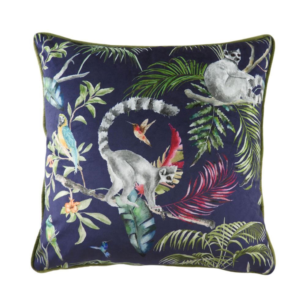 Evans Lichfield Jungle Lemur Print Faux Velvet Cushion Cover, Blue, 43 x 43 Cm