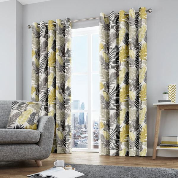 Fusion Tropical Leaf 100% Cotton Eyelet Lined Curtains, Ochre