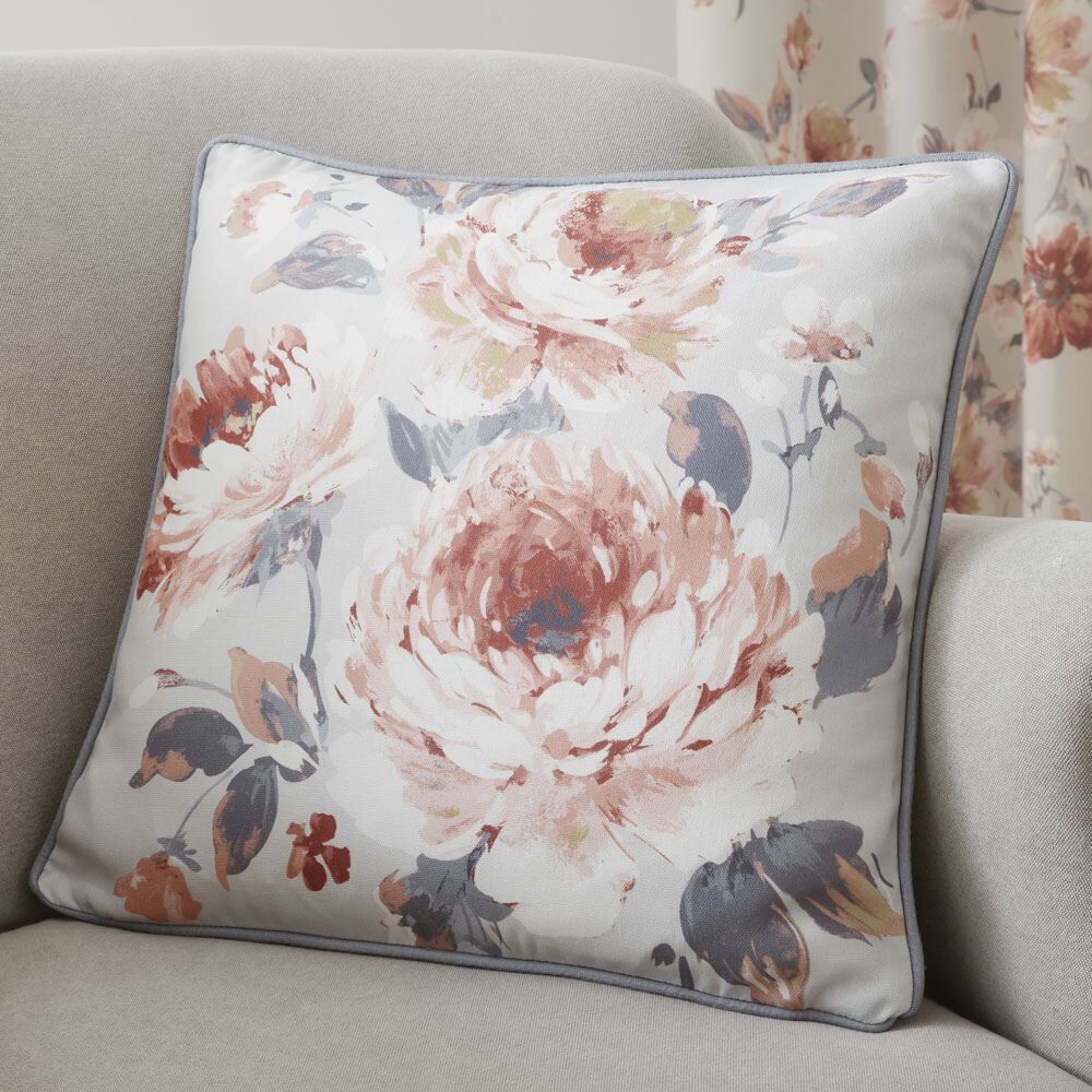 Dreams & Drapes Charity Floral Print 100% Cotton Piped Edge Filled Cushion, Coral, 43 x 43 Cm