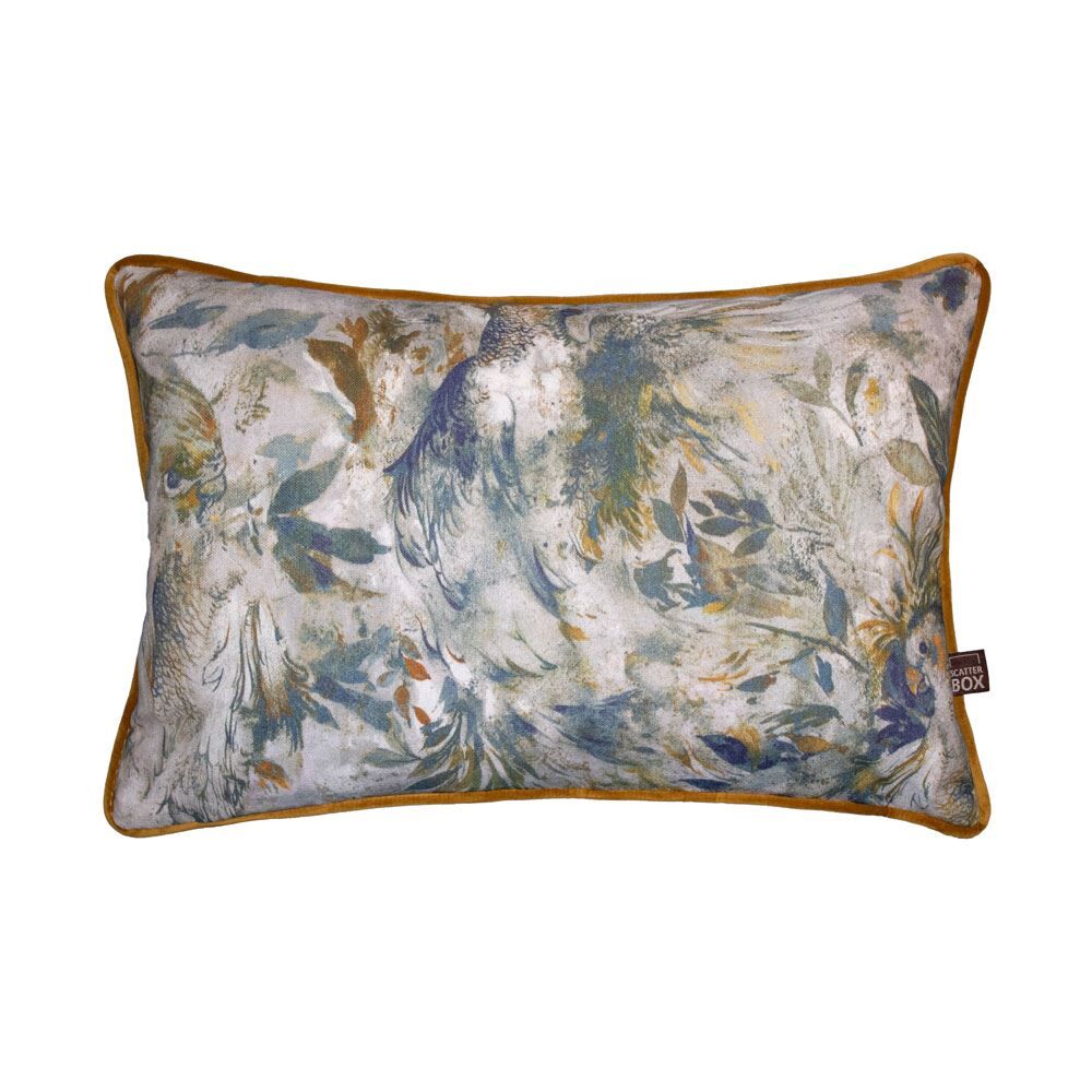 Scatter Box Seren Floral Tropical Print Feather Filled Piped Cushion, Blue/Ochre, 35 x 50 Cm