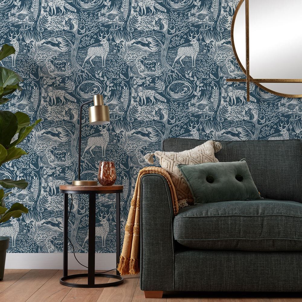 Furn Winter Woods Animal Printed Wallpaper, Blue