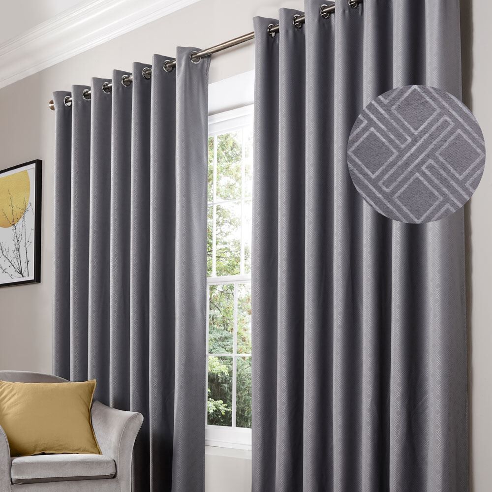 Alan Symonds Diamond Geometric Print Thermal Block Out Eyelet Curtains, Silver, 46 x 54 Inch