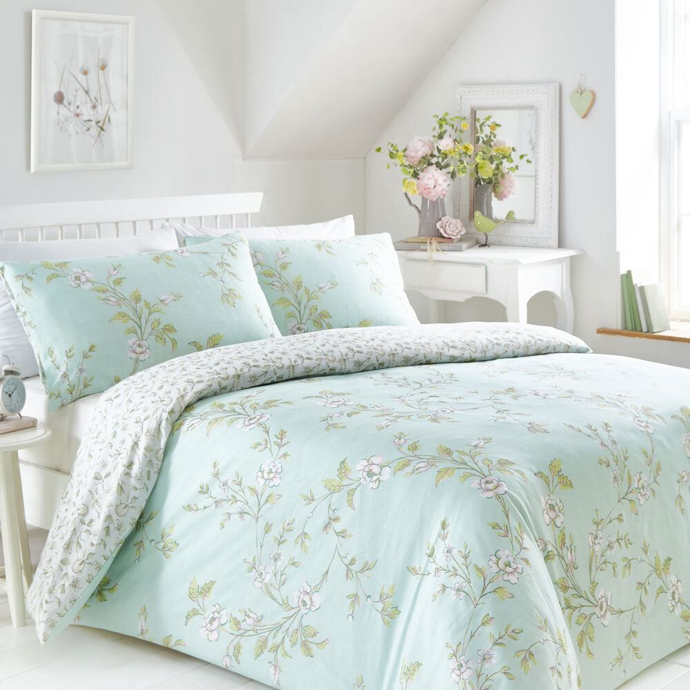 Portfolio Home Yasmina Floral Trail Print Reversible Duvet Cover Set, Duck Egg, Double