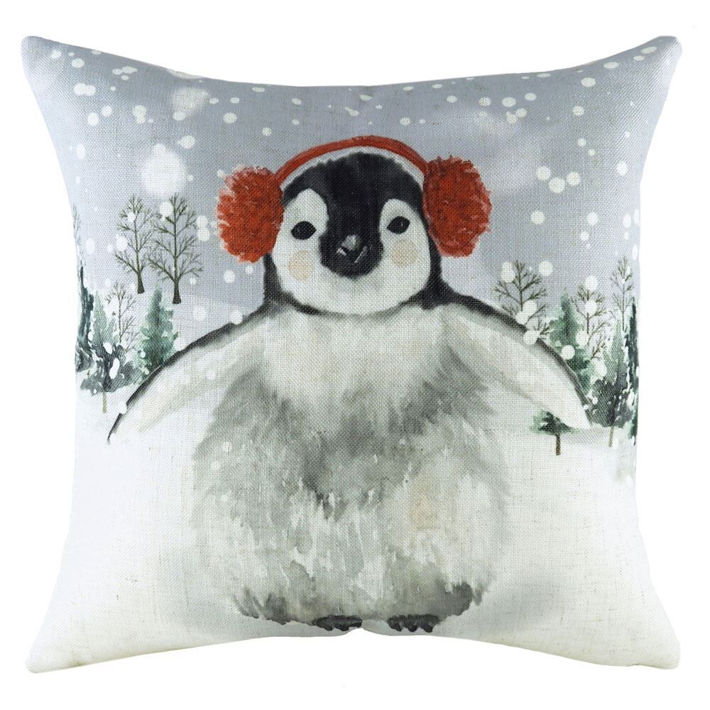 Evans Lichfield Christmas Snowy Penguin with Earmuffs Watercolour Print Cushion Cover, Multi, 43 x 43 Cm