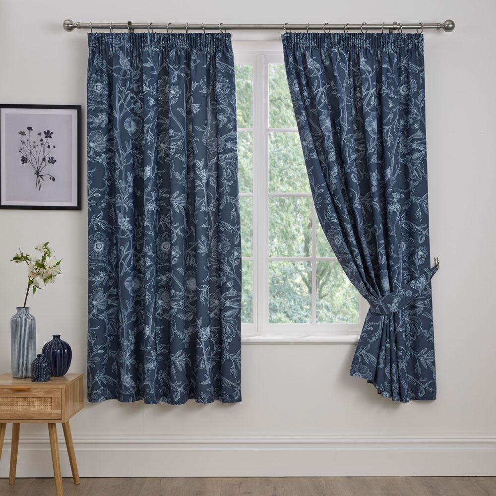 Dreams & Drapes Lorie Floral Print Lined Pencil Pleat Curtains, Blue, 66 x 72 Inch