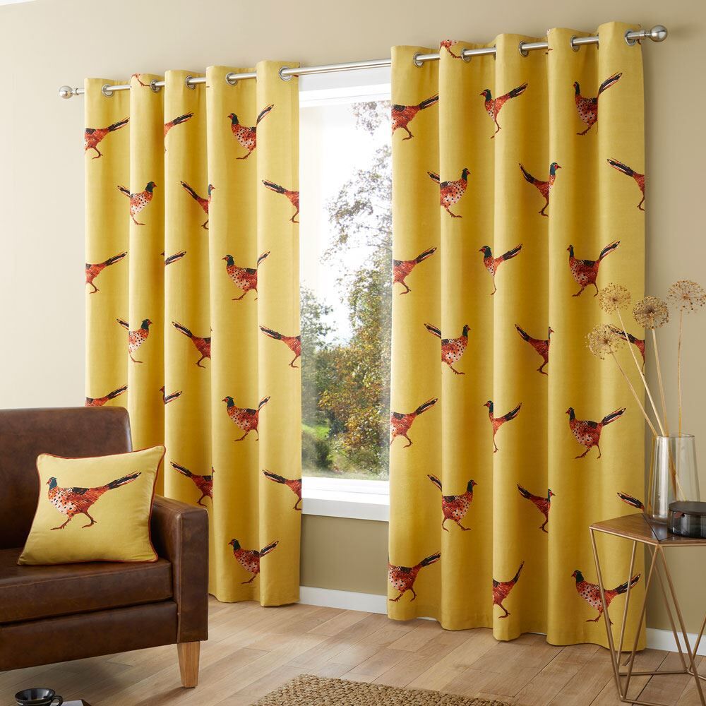 Fusion Pheasant Contemporary Print 100% Cotton Eyelet Lined Curtains
