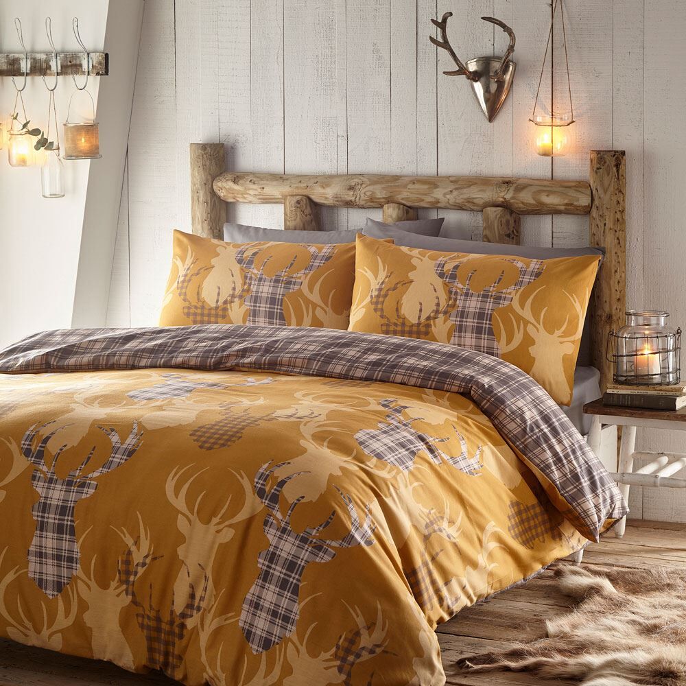 Portfolio Home Tartan Stag Head Print Reversible Duvet Cover Set, Ochre, Single