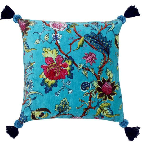 Riva Paoletti Tree Of Life Faux Velvet Tasselled Cushion Cover, Kingfisher, 50 x 50 Cm