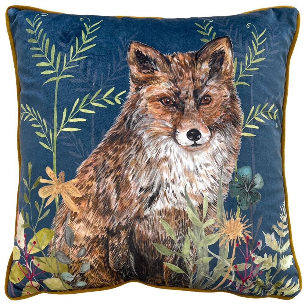 Wylder Nature Willow Fox Print Velvet Piped Edge Cushion Cover, Midnight, 43 x 43 Cm
