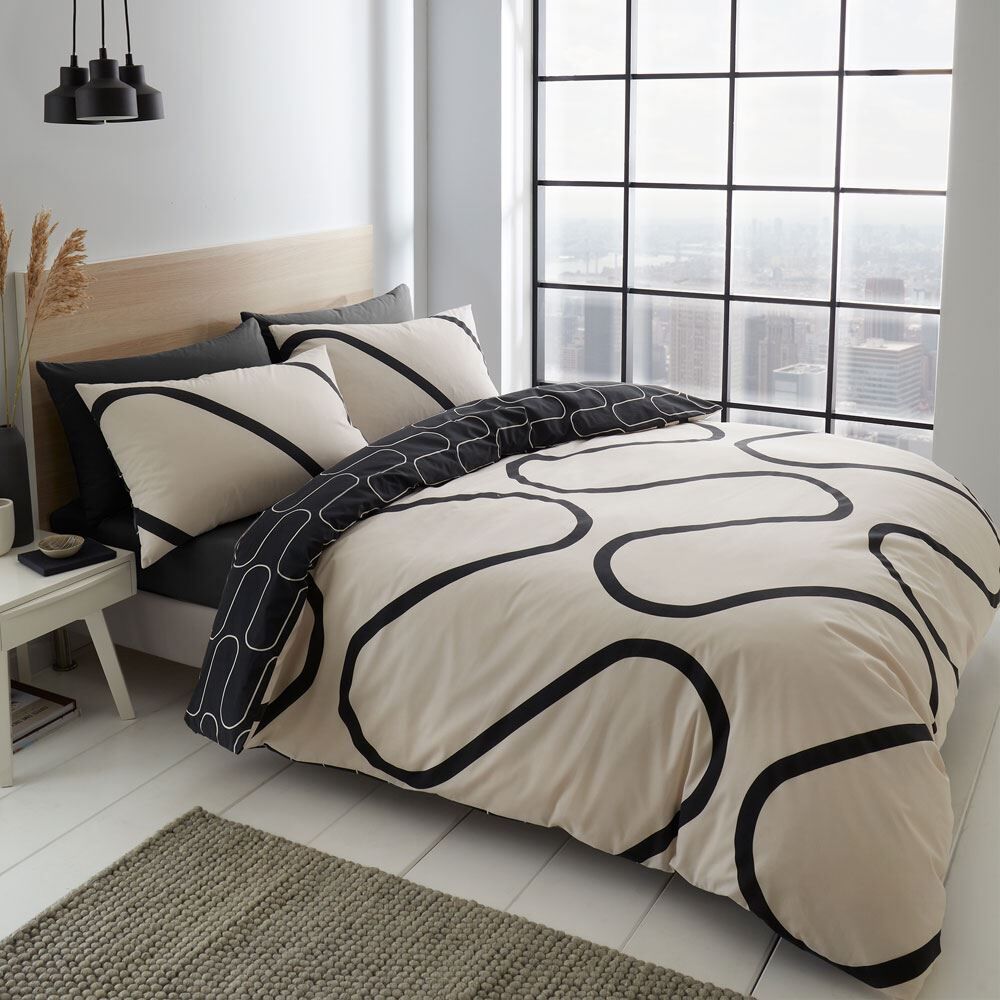 Catherine Lansfield Linear Curve Geometric Print Easy Care Reversible Duvet Cover Set