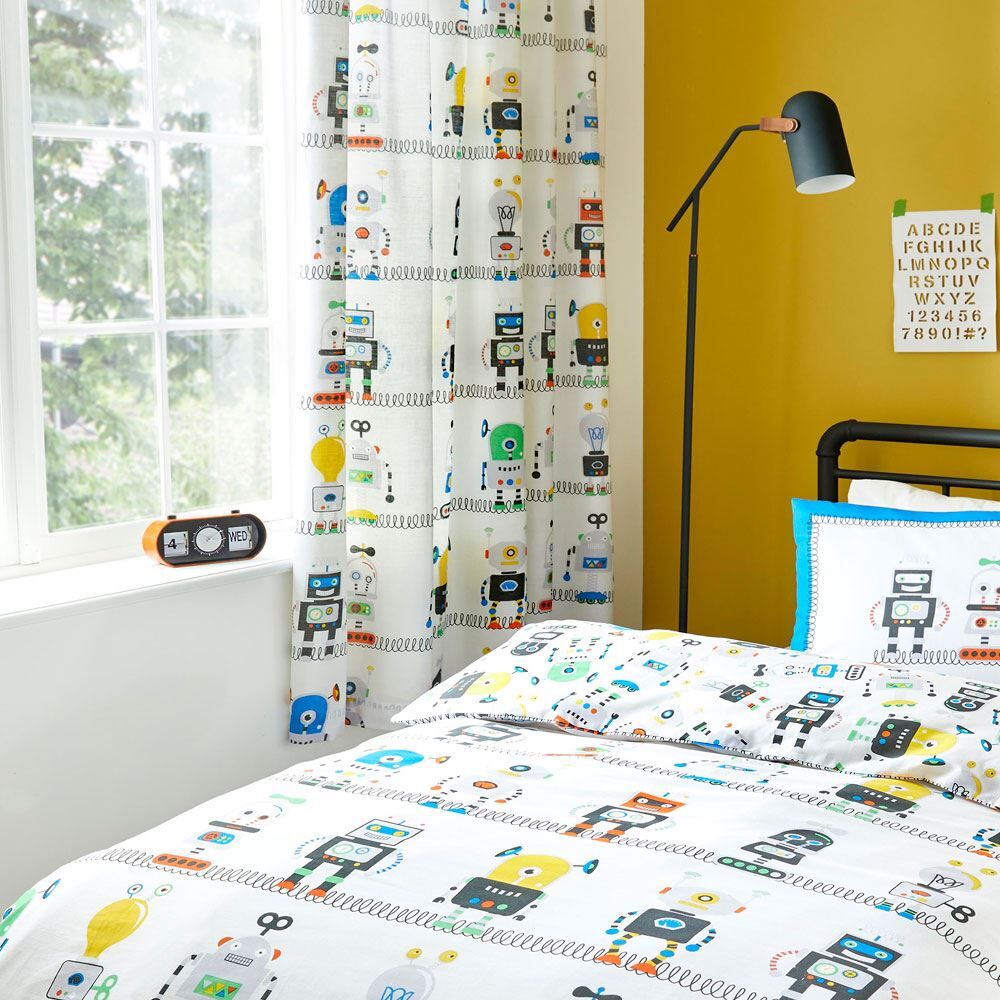 Bedlam Kids Robots Print Lined Pencil Pleat Curtains, Blue, 66 x 72 Inch