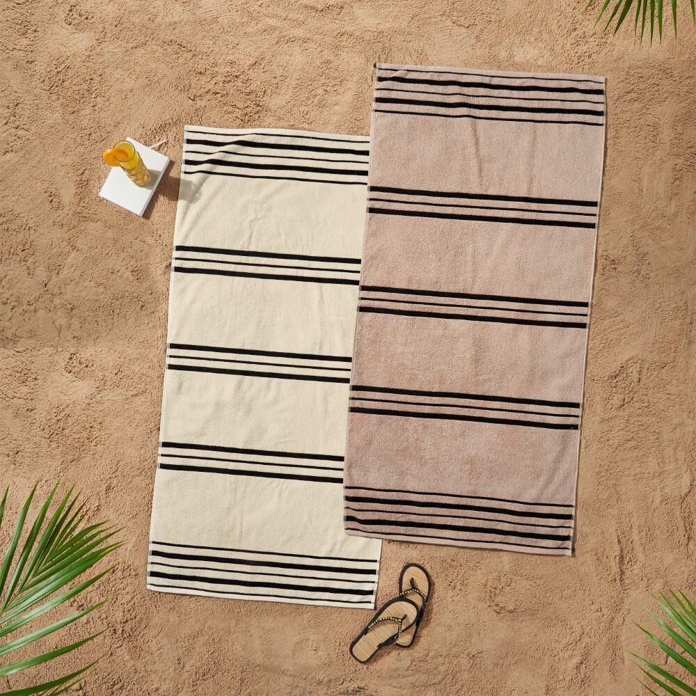 Catherine Lansfield Banded Stripe 100% Cotton Beach Towel, Cream/Natural, 2 Pack