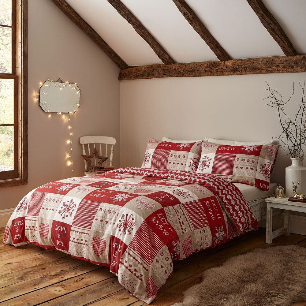 Catherine Lansfield Christmas Let It Snow Cotton Rich Easy Care Duvet Cover Set, Red