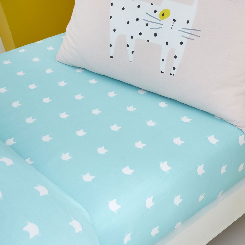 Catherine Lansfield Kids Cute Cats Easy Care 6 Inch Deep Fitted Sheet, Green, Junior